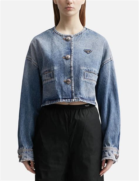 prada decoltee blu|prada cropped denim jacket.